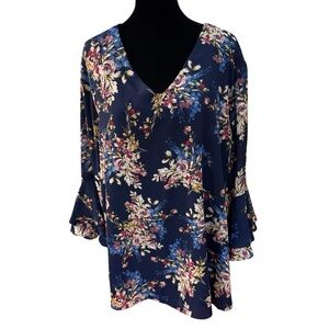 Sami & Jo Womens 2X Floral Blue Top Oversized Peasant Cottagecore Bell Sleeves